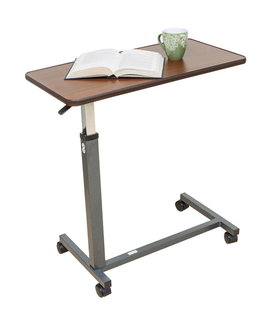 Essential Medical Supply Height Adjustable Automatic Overbed Table - Woodgrain Top with Locking Wheels, Perfect for Hospital and Home Use - Table for Easy Access and Convenience for Adults and Seniors