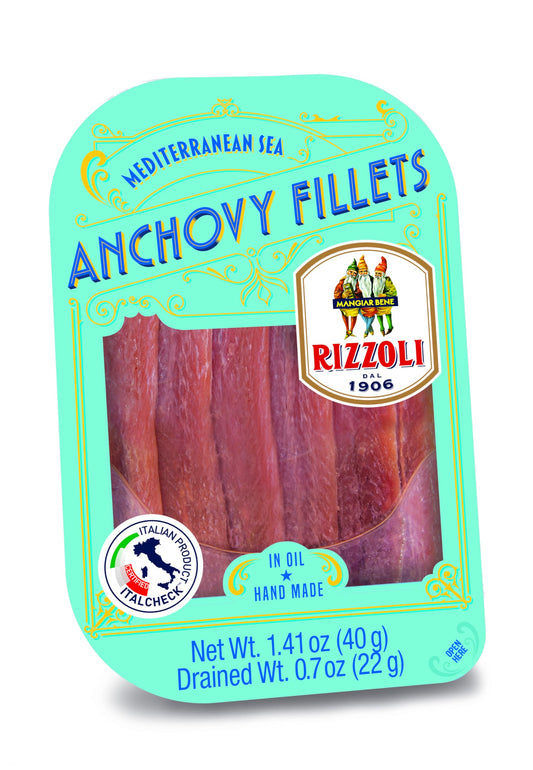 (Pack of 1) MANGIAR BENE RIZZOLI - Anchovy Fillets Single Serving Tray (40g) 100% ITALIAN OIL
