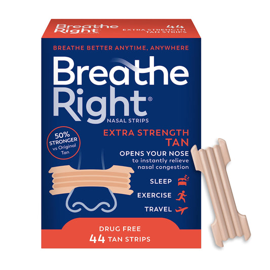 Breathe Right Nasal Strips, Extra Strength, Tan Nasal Strips, Help Stop Snoring, Drug-Free Snoring Solution & Instant Nasal Congestion Relief Caused by Colds & Allergies, 44ct (packaging my vary)